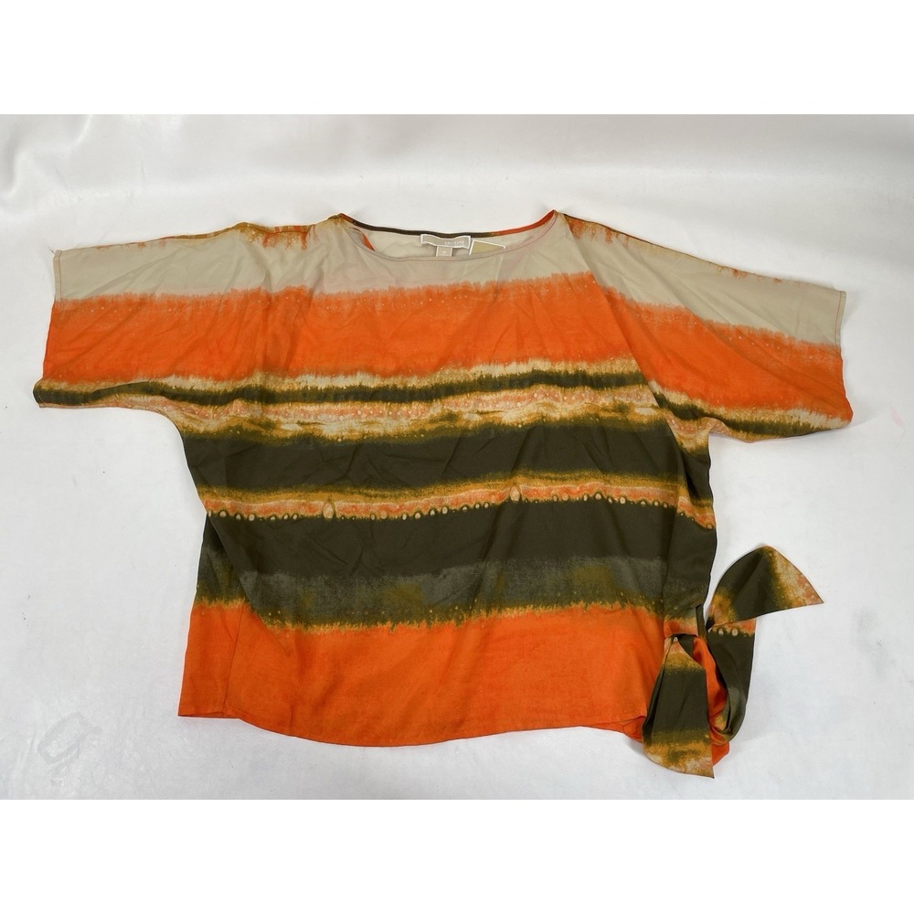 Michael‎ Kors Short Sleeve Striped Sheer Blouse Womens Size M Orange Green NWT
